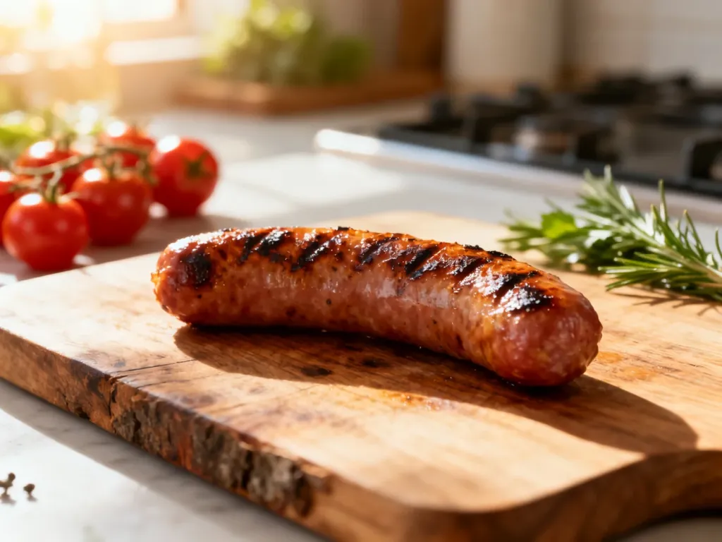Grillowana parówka na drewnianej desce do krojenia w otoczeniu świeżych warzyw i ziół.
