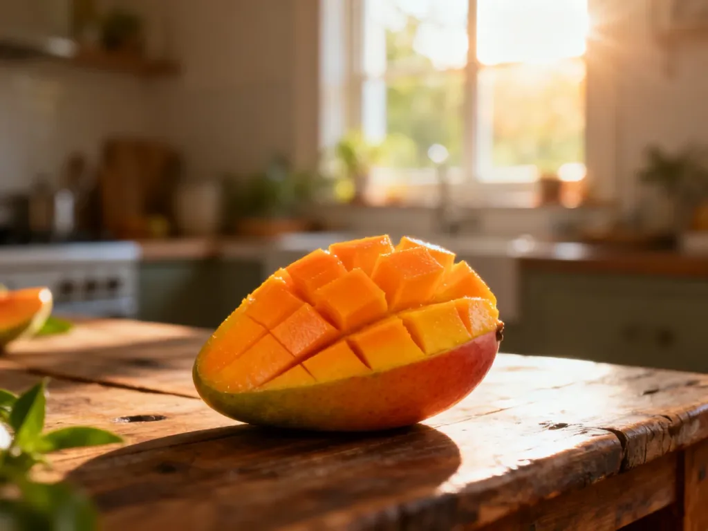 Soczyste, pokrojone mango na drewnianym stole w promieniach porannego słońca.