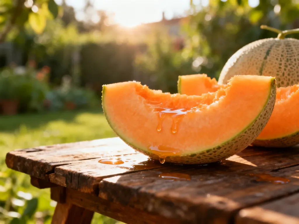 Świeży, pokrojony melon kantalupa z soczystym pomarańczowym miąższem na rustykalnym drewnianym stole.