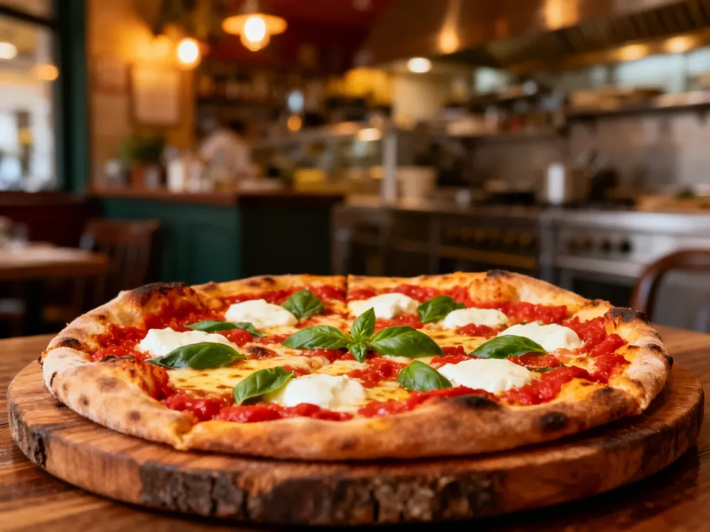 Świeżo upieczona pizza z mozzarellą i bazylią na drewnianej desce w klimatycznej włoskiej restauracji.