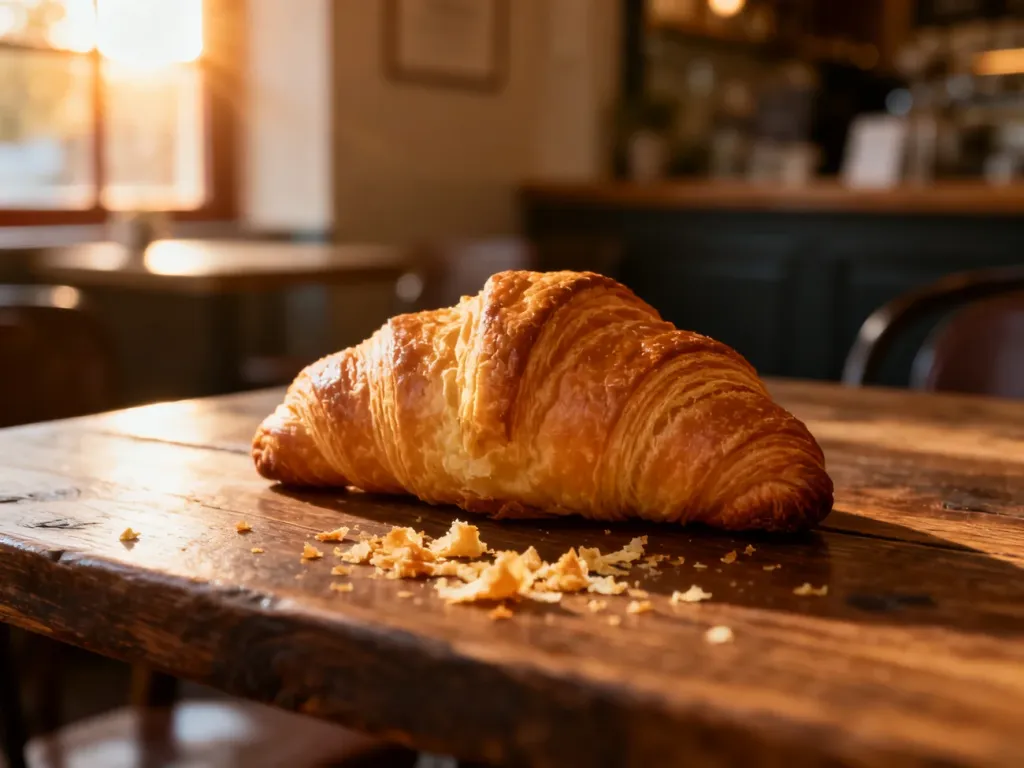 Złocisty, chrupiący croissant na drewnianym stole w przytulnej kawiarni, oświetlony ciepłym porannym światłem.