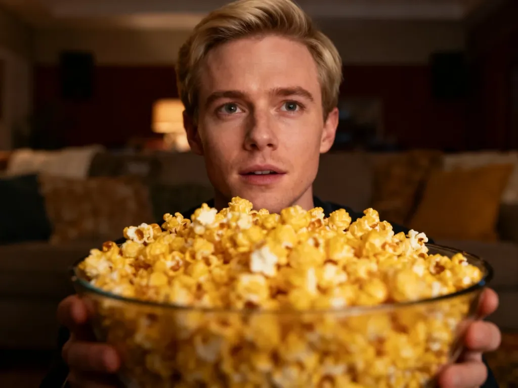 Osoba trzymająca dużą miskę świeżego, maślanego popcornu w przytulnym kinie domowym.