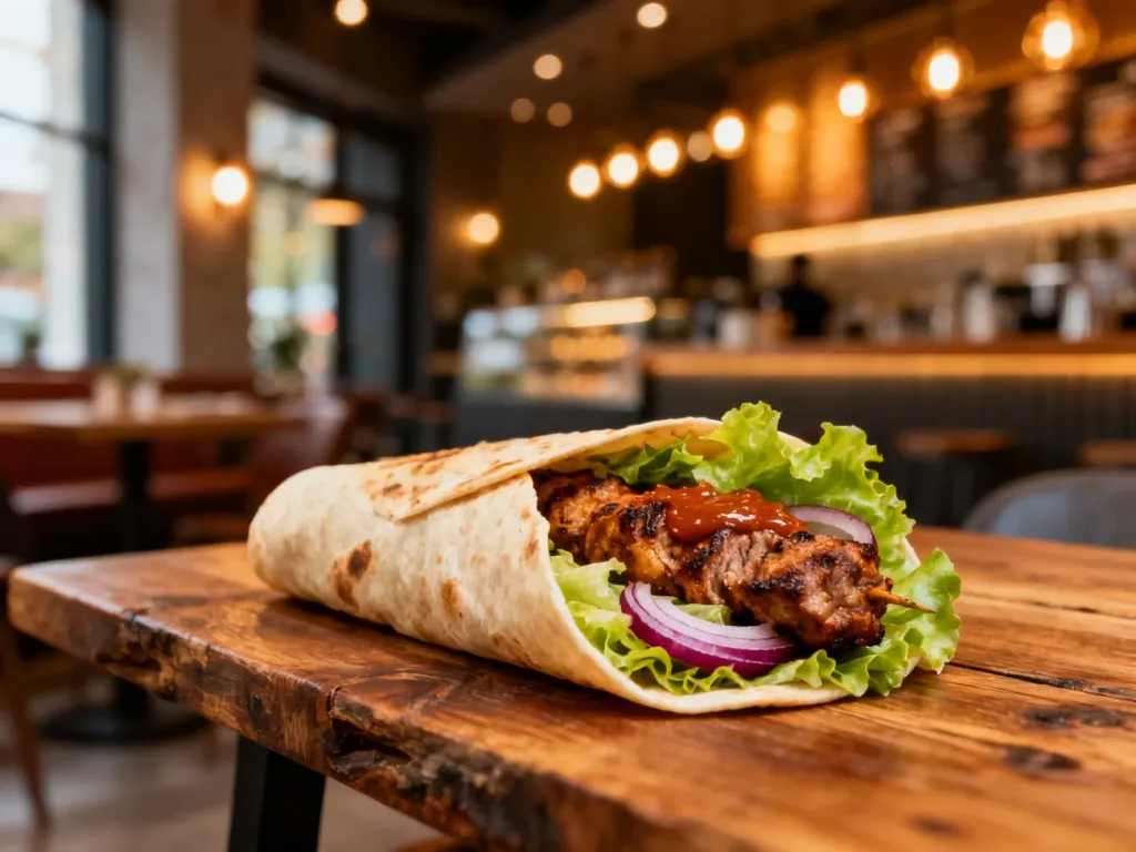 Apetyczny kebab w tortilli z grillowanym mięsem i świeżymi warzywami, podany na rustykalnym drewnianym stole.