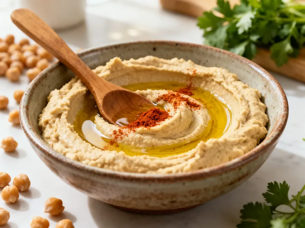 Aksamitny hummus w ceramicznej miseczce, polany oliwą i posypany papryką, z drewnianą łyżką ukazującą gładką konsystencję.