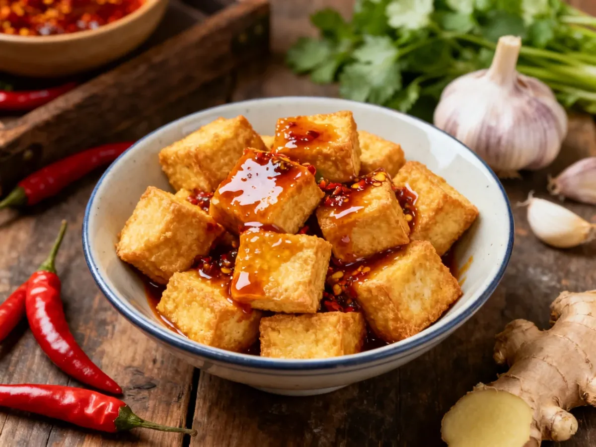 Chrupiące tofu polane intensywnym sosem