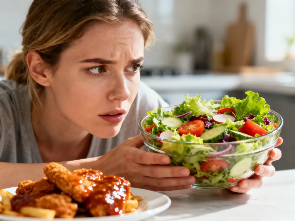 Kobieta wybierająca świeżą sałatkę zamiast niezdrowego fast foodu, ilustrująca świadome podejście do zdrowego odżywiania.