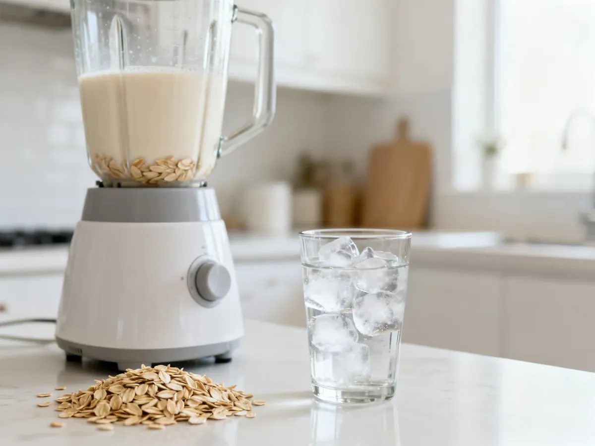 Blender z płatkami owsianymi i lodowatą wodą do przygotowania mleka owsianego