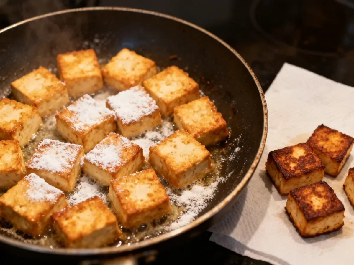 Złociste kostki tofu smażone na patelni