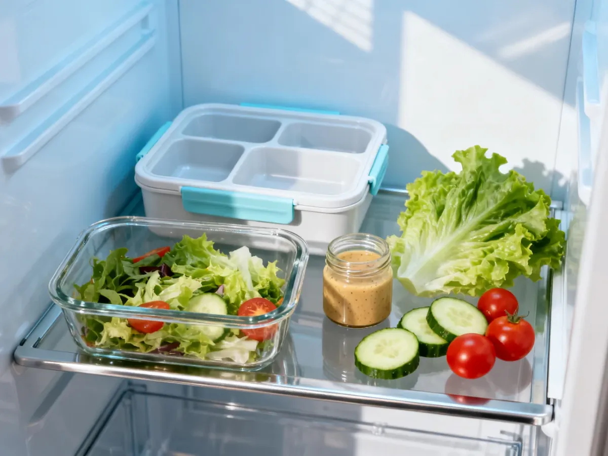 Szklany pojemnik, lunchbox z przegródkami i osobny słoiczek z dressingiem