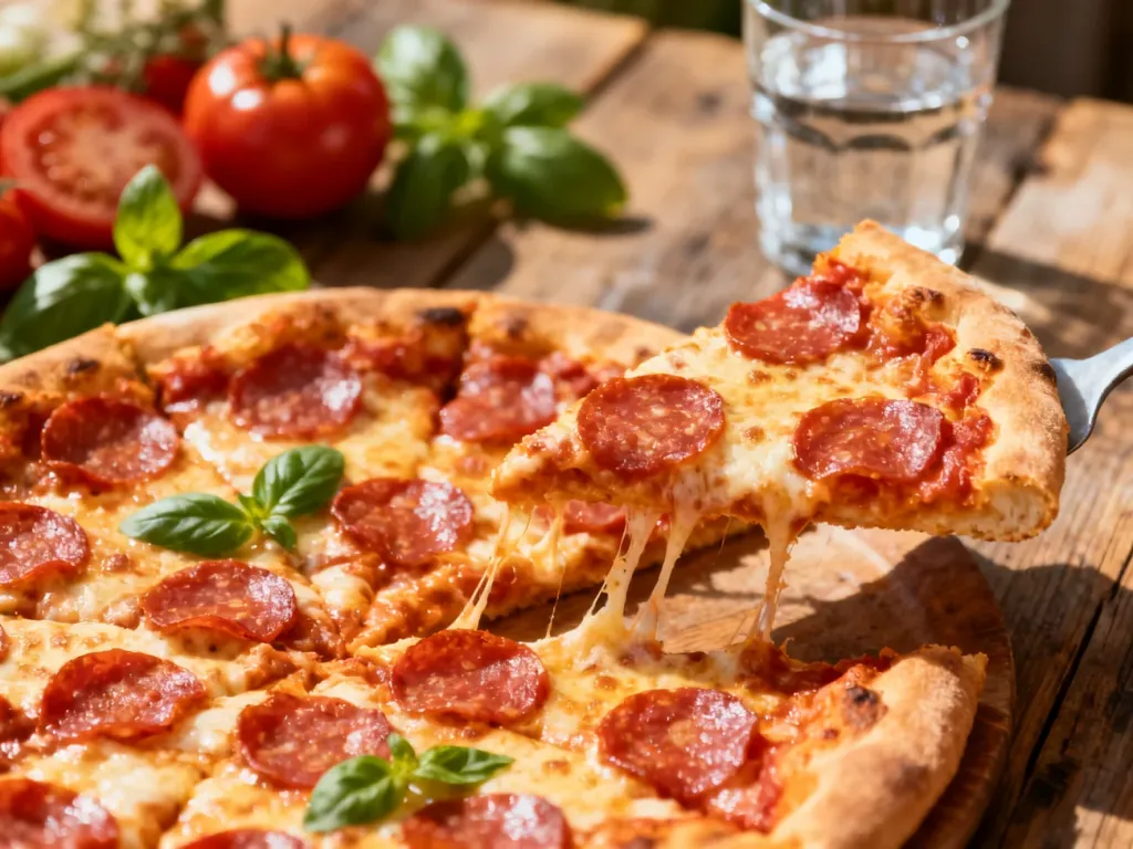 Apetyczna pizza pepperoni na drewnianym stole z podnoszonym kawałkiem, ukazującym roztopiony ser i chrupiące ciasto.