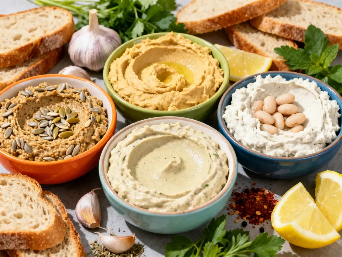 Różne bezorzechowe pasty kanapkowe z pieczywem, cytryną, czosnkiem i ziołami
