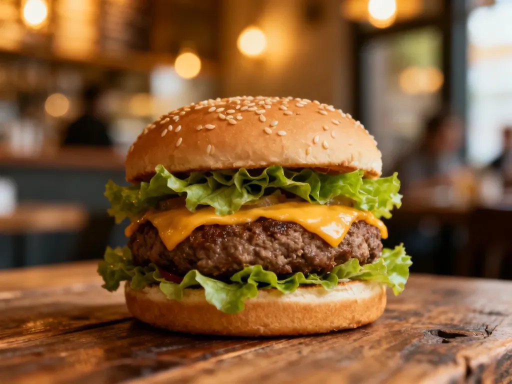 Apetyczny burger z wołowiną, serem i świeżą sałatą na drewnianym stole w przytulnej restauracji.