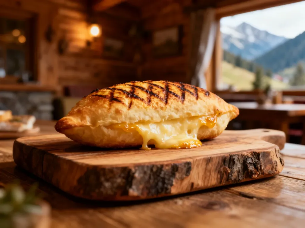 Pieczony oscypek z wyraźnymi śladami grillowania podany na rustykalnej desce w przytulnym, góralskim wnętrzu.