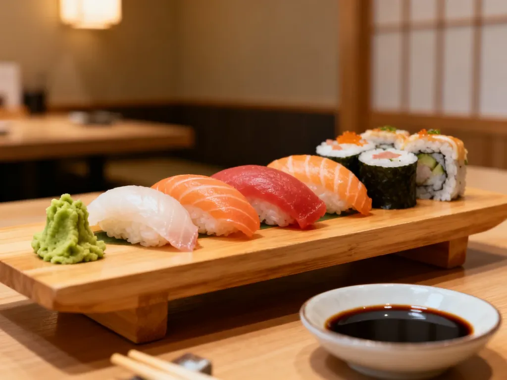 Elegancki drewniany półmisek z różnymi rodzajami świeżego sushi, w tym nigiri i maki, w japońskiej restauracji.