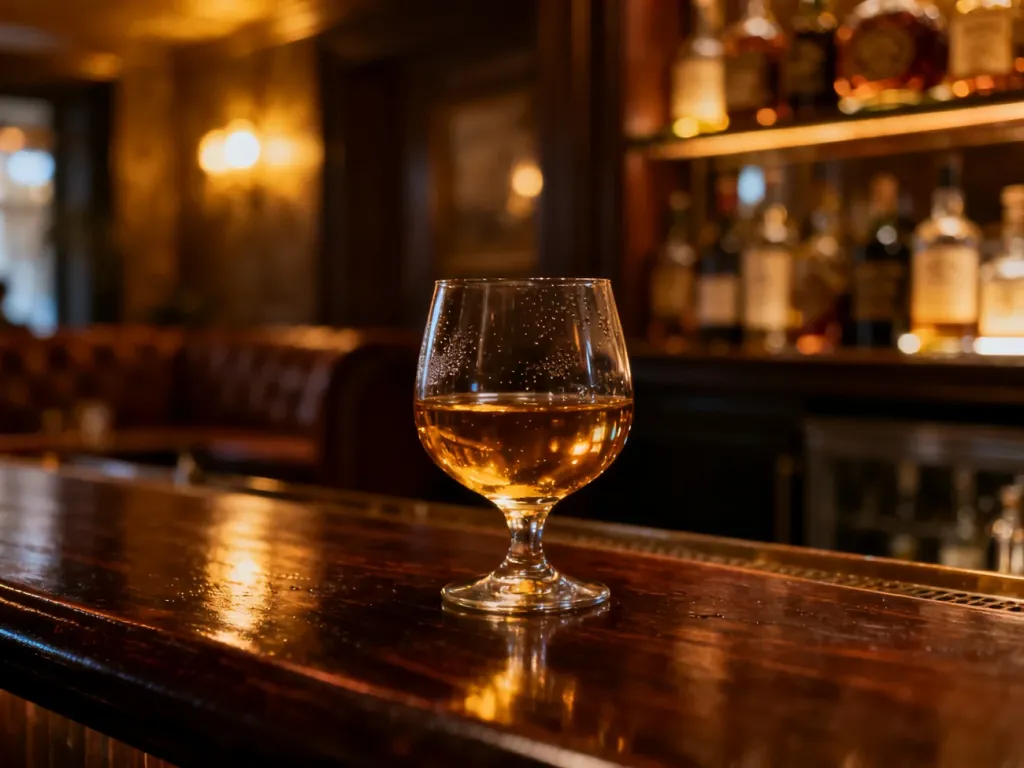 Szklanka bursztynowej whisky na drewnianym barze w nastrojowym, przyciemnionym wnętrzu lokalu.