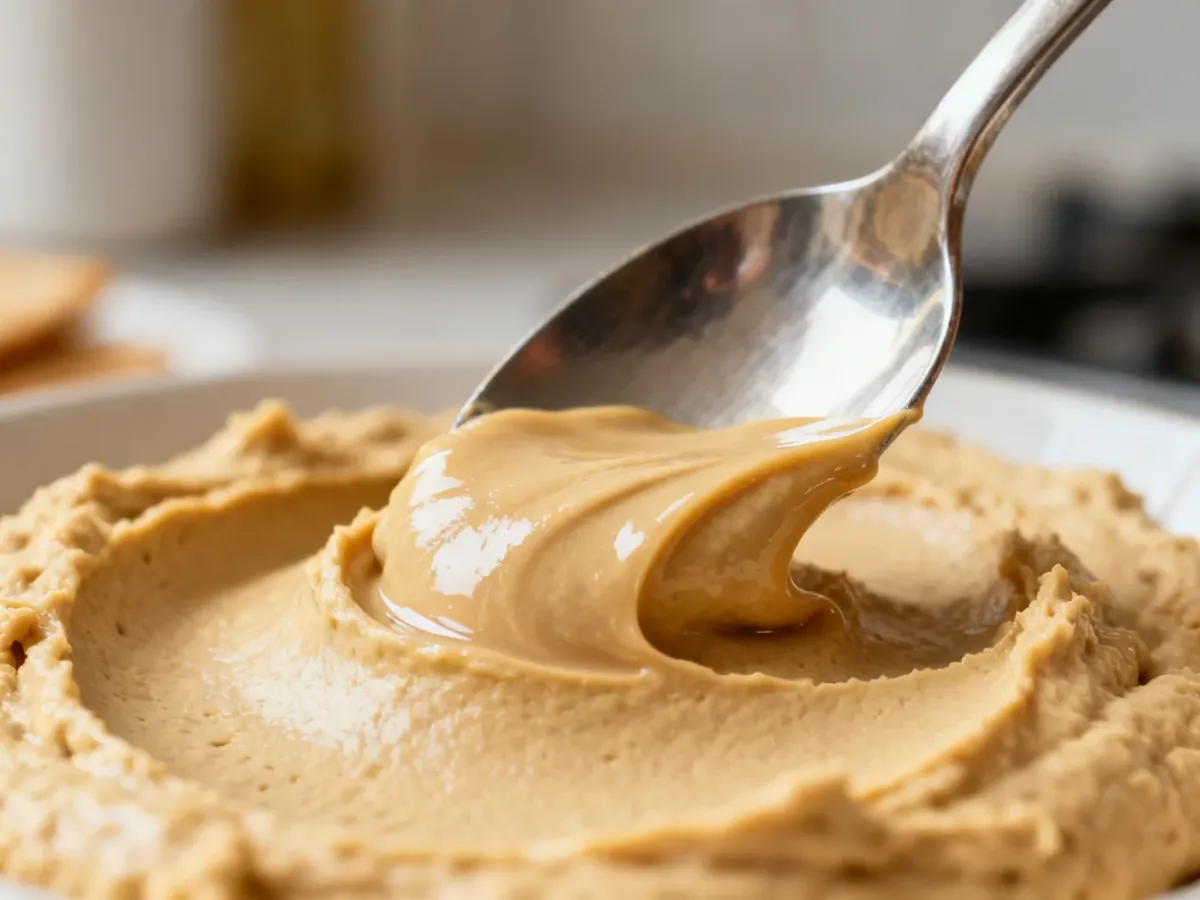 Gładki hummus rozprowadzany na łyżce
