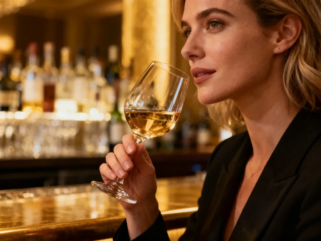 Elegancka kobieta trzymająca kieliszek wytrawnego wina w nastrojowym barze.
