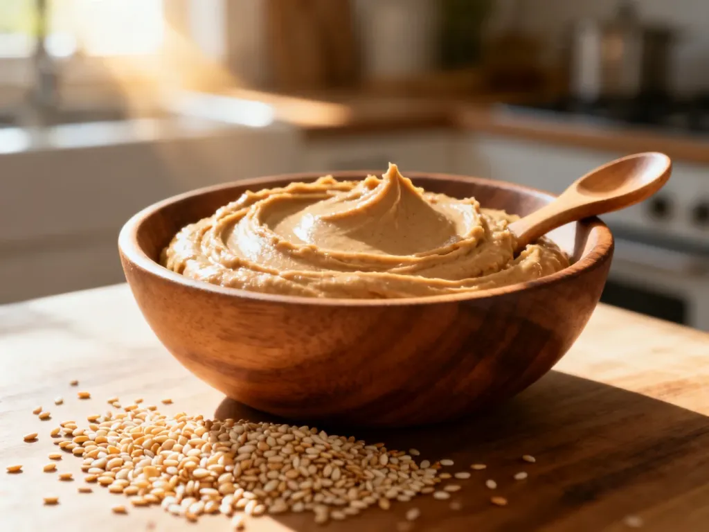 Drewniana miseczka z gładką pastą tahini, obok rozsypane ziarna sezamu i drewniana łyżeczka w świetle poranka.