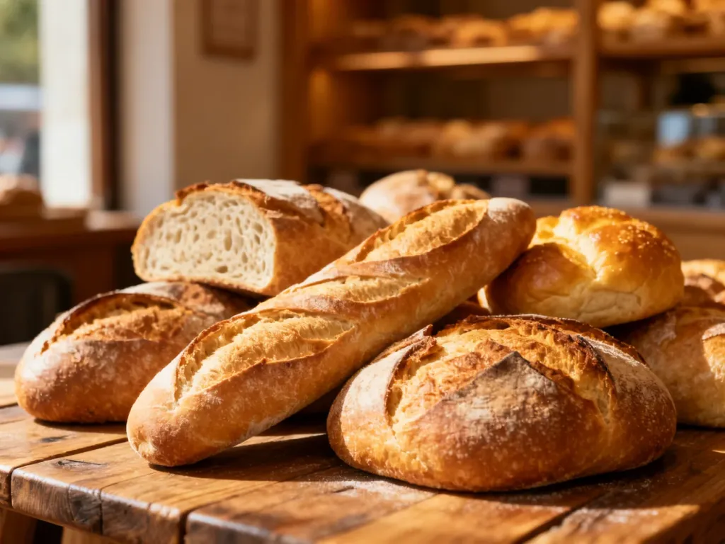 Różnorodne świeże pieczywo, w tym bagietki i chleby na zakwasie, ułożone na rustykalnym drewnianym stole w piekarni.