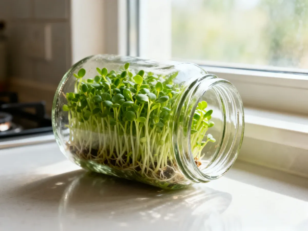 Zdrowe kiełki w słoiku ustawionym w rozproszonym świetle