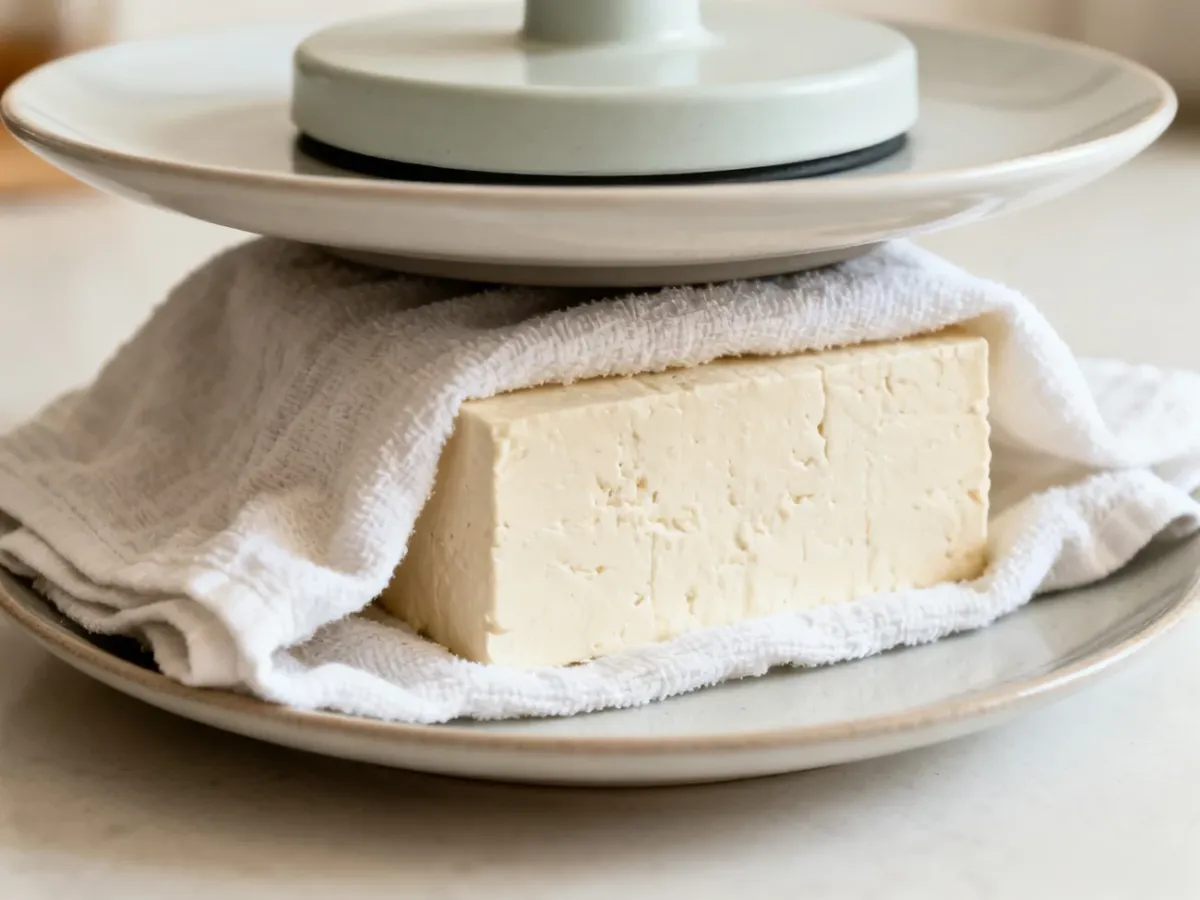 Tofu odciskane między talerzami w kuchni
