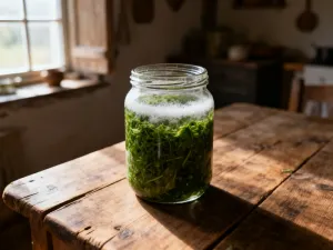 Szklany słoik z pokrojonymi burakami, czosnkiem i przyprawami w zalewie, przygotowany do domowego kiszenia.