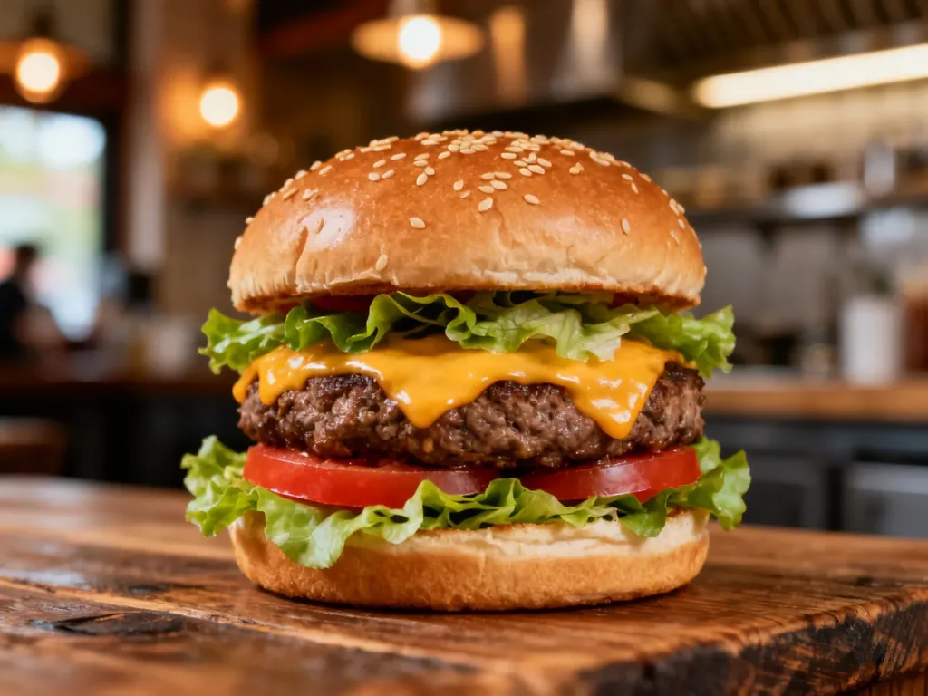 Apetyczny podwójny burger z serem, sałatą i pomidorem w bułce z sezamem, podany na rustykalnym drewnianym stole.