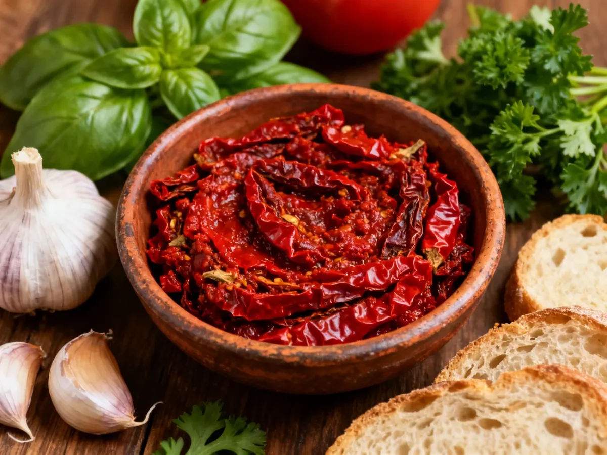 Pasta z suszonych pomidorów z czosnkiem i ziołami podana z pieczywem