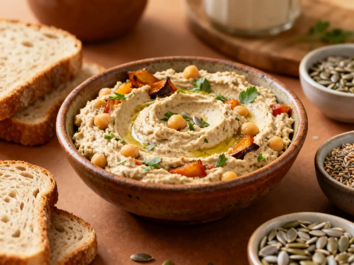 Kremowa pasta kanapkowa z nasionami, ciecierzycą, tahini i pieczonymi warzywami