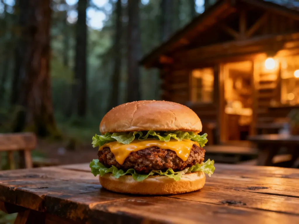 Apetyczny burger Drwal z chrupiącym kotletem i serem na drewnianym stole w przytulnej, leśnej scenerii.