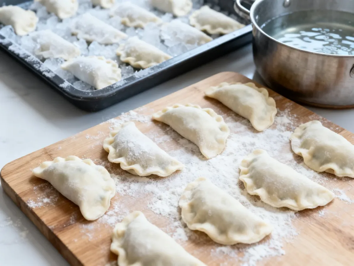 Surowe pierogi ułożone osobno na oprószonej mąką desce
