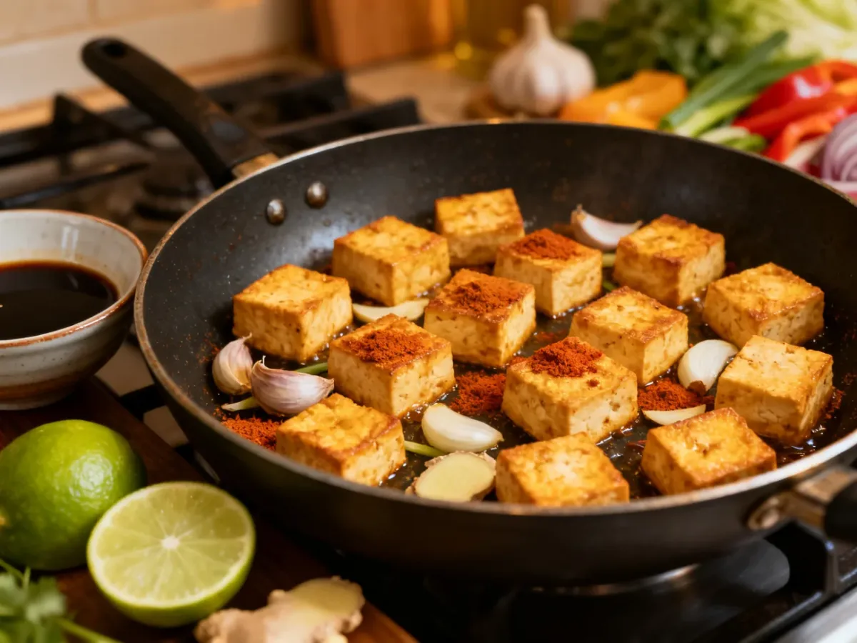 Marynowane tofu rumieniące się na patelni z aromatycznymi przyprawami