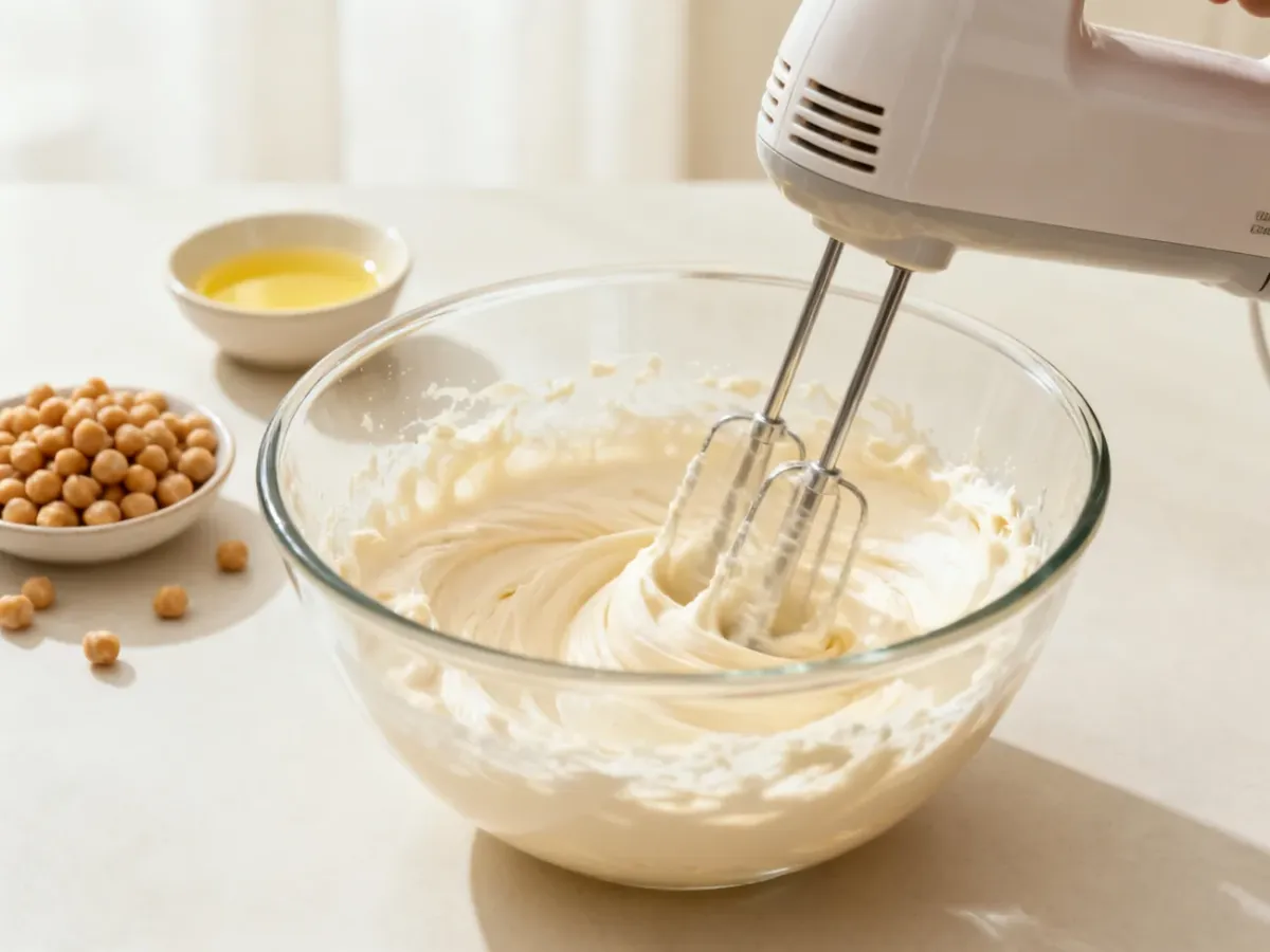 Aquafaba being whipped into foam in a clean mixing bowl