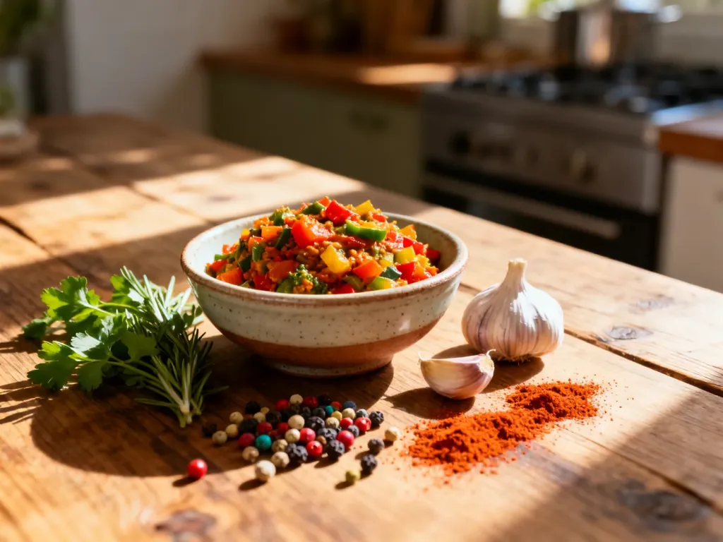 Kolorowa pasta roślinna w ceramicznej miseczce otoczona świeżymi ziołami, czosnkiem i przyprawami na drewnianym stole.