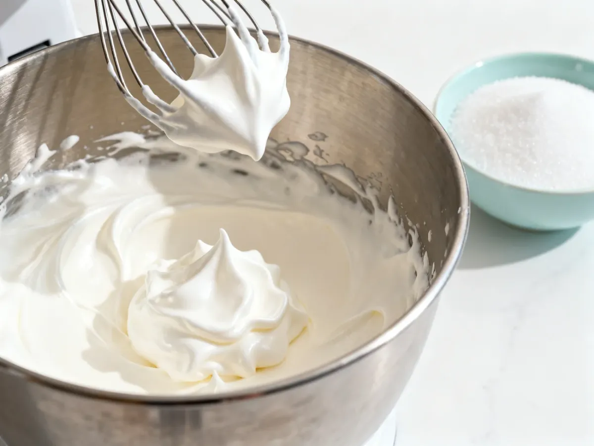 Glossy stiff aquafaba foam with firm peaks