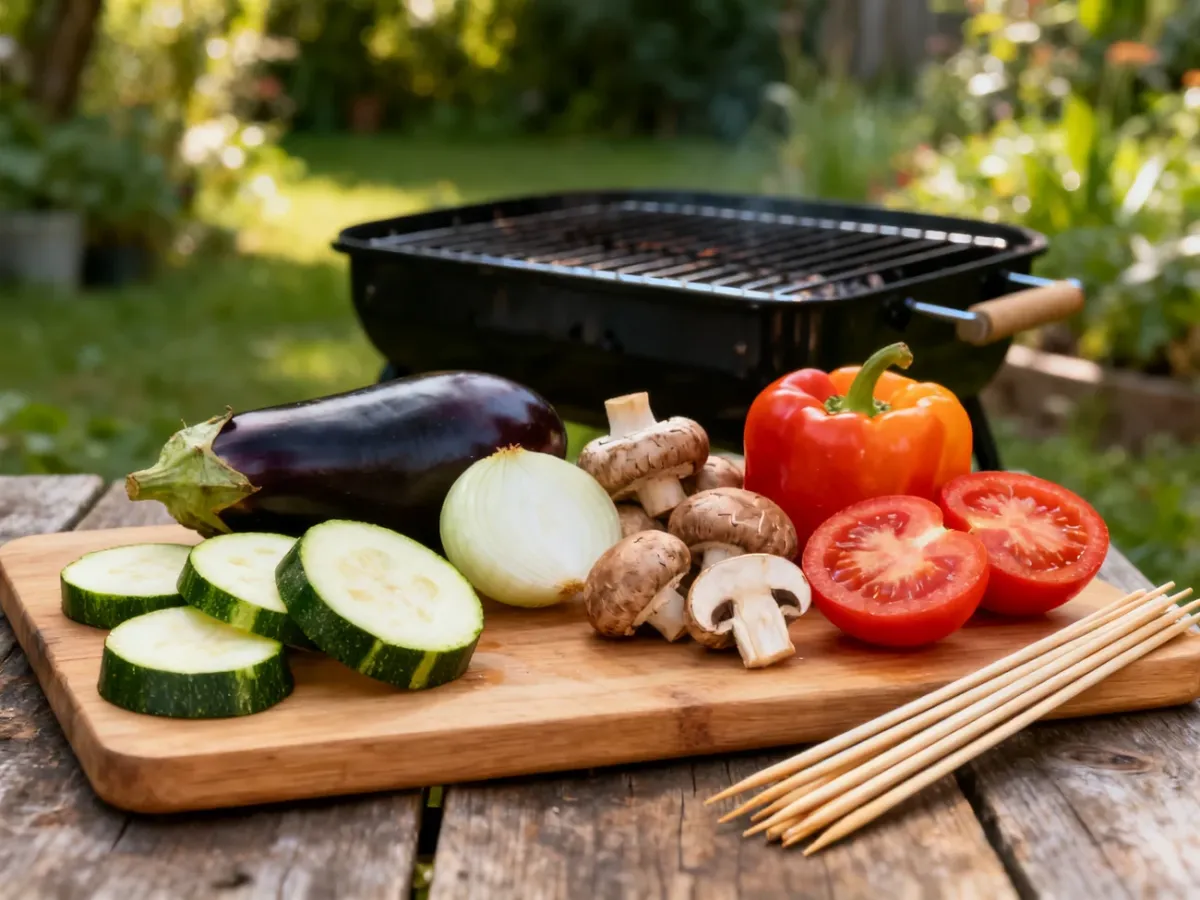 Grube kawałki warzyw przygotowane do grillowania obok namoczonych patyczków